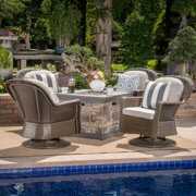 Rent to own Alameda Outdoor 5 Piece Wicker Swivel Club Chairs with Gas Burning Fire Pit, Ceramic Gray