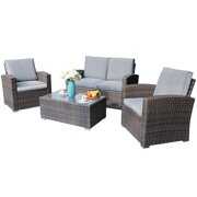 Rent to own Patio Furniture Set, 4 Pieces Outdoor Sectional PE Rattan Conversation Sofa Set with Gray Wicker, Coffee Table with Tempered Glass, Light Gray Cushion