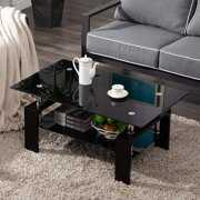 Rent to own Black Glass Coffee Table with Lower Shelf, Modern Rectangle Table for Living Room Furniture