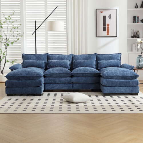 Rent to own JONPONY 110.63" U Shaped Couch, 4 Seat Sectional with 4 Throw Pillows, Convertible Upholstery Symmetrical Sofá,High Dense Memory Foam with Double Chaise Lounge &Memory Foam for Living Room, Navy Blue