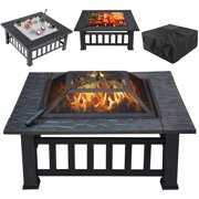 Rent to own Fire Pit Bowl, SEGMART 32" Outdoor Square Metal Fire Pit with Grill Net, Wood Burning BBQ Grill Fire Pit with Cover/Ice Pit/Tongs, Backyard Patio Garden Bonfire Pit for Camping/Heating/Picnic, LL578