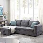 Rent to own 91" Reversible Sleeper Sectional Sofa 3-seat Pull-Out Sofa-Bed Sleeper Sofa Bed Light Gray,nailheaded