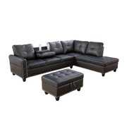 Rent to own PonLiving Furniture Room Sectional Set, Leather Sectional Sofa in Home, with Storage Ottoman and Matching Pillows Right Hand Facing Black