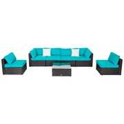 Rent to own KINSUITE Patio Furniture Outdoor Sectional Set - 7 Pcs Wicker Rattan Outdoor Sectional Set Patio Sofa Patio Conversation Set Blue