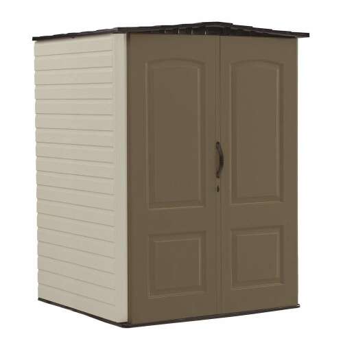 Rubbermaid Medium Vertical Resin Weather Resistant Outdoor Storage Shed, 5  ft. x 4 ft. , Putty/Canteen Brown, for Garden/Backyard/Home/Pool Medium  Vertical Brown Storage Shed