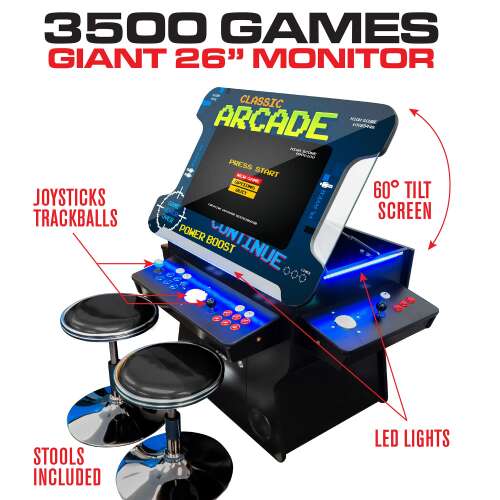 Creative Arcades Full Size Commercial Grade Cocktail Arcade Machine | 2 Player | 3500 Games | 26" LCD Lifting Screen | LED | 4 Sanwa Joysticks | Trackball | 2 Stools | 3 Year Warranty 3500 Games & 26" Screen