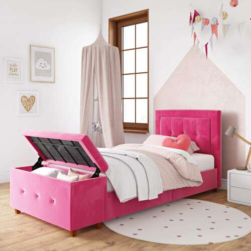 DHP Davina Upholstered Bed with Storage Chest for Kids, Twin Size, Pink