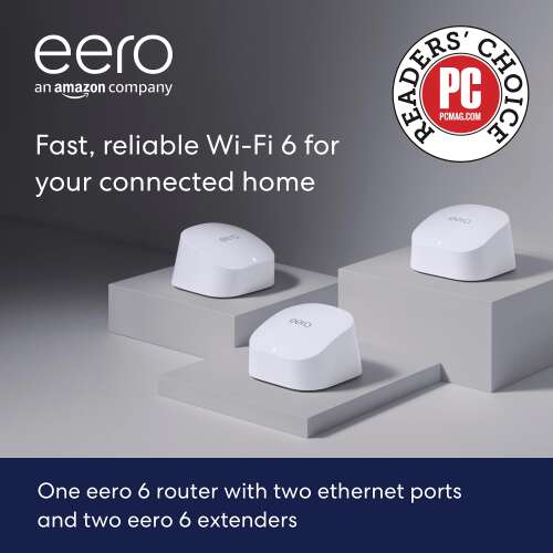 Rent to own Amazon eero 6 dual-band mesh Wi-Fi 6 system with built-in Zigbee smart home hub (3-pack, one eero 6 router + two eero 6 extenders) 1 router + 2 extenders