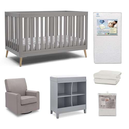 Rent to own Delta Children Essex 6-Piece Baby Nursery Furniture Set – Includes Convertible Crib, Changing Table/Bookcase, Glider, Crib Mattress, Crib Sheets & Mattress Pad Cover, Grey/Natural/Flax Flax Glider Grey