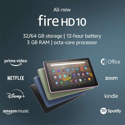 All-new Fire HD 10 tablet, 10.1", 1080p Full HD, 32 GB, latest model (2021 release), Black 32 GB Lockscreen Ad-Supported Black Fire HD 10