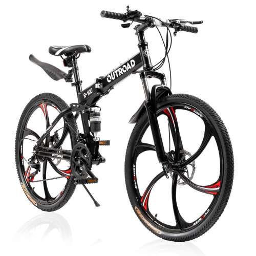 PanAme Folding Mountain Bikes, 21 Speed Shining SYS Double Disc Brake, Full Suspension 6-Spoke 26 Inches Anti-Slip Bicycle for Man/Woman/Teenager LH-black