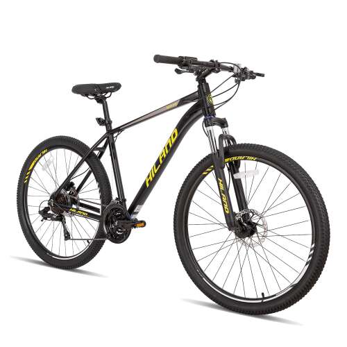 Hiland 27.5 Inch Mountain Bike 27-Speed for Man with 18/19.5 Inch Aluminum Frame Lock-Out Suspension Fork Hydraulic Disc-Brake Black&Yellow 18 inch frame