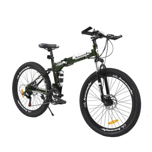 hosote 26 Inch Full Suspension Folding Mountain Bike, 21 Speed High-Tensile Carbon Steel Frame MTB, Dual Disc Brake Mountain Bicycle for Men and Women green