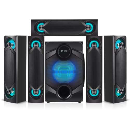Nyne NHT5.1RGB 5.1 Channel Home Theatre System – Bluetooth, USB, SD, RCA Outputs Inputs, 8 Inch Active Subwoofer, 6” Passive Radiator, LCD Digital Display, Wireless Remote (Black, Home Theater) Black Home Theater