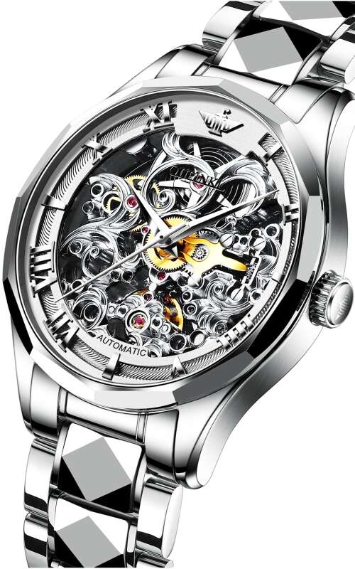 Swiss Brand Mens Watches Luxury Skeleton Automatic Self Winding Sapphire Crystal Tungsten Waterproof Wrist Watches for Men Silver & White