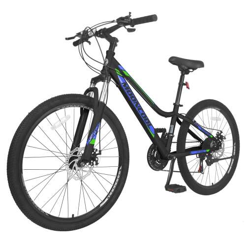 Barbella Mountain Bike Mountain Road Bicycles, 20/24/26/27.5 inch Wheels 7-21 Speed Bike, Aluminum/Steel Frame MTB Bike Double Disc Brake Suspension Fork Bicycle for Mens Womens Adults Black with blue-green 26-Inch 21-Speed Steel Frame