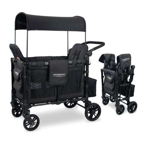 Rent to own WONDERFOLD W2 Elite Double Stroller Wagon Featuring 2 High Face-to-Face Seats with 5-Point Harnesses, Adjustable Push Handle, and Height Adjustable UV-Protection Canopy, Elite Black Volcanic Black W2_Elite