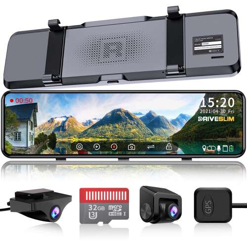 Rent to own DRIVESLIM Mirror Dash Cam 11" with Detached Front Camera, Waterproof Rear View Mirror Backup Camera for Car, Anti Glare 1080P Smart Mirror with Sony IMX355 Dual Lens, Night Vision, Free GPS& 32GB Card