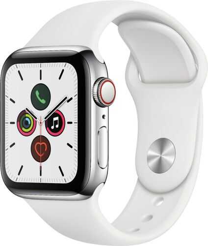 Rent to own Apple Watch Series 5 (GPS + Cellular) 40mm Stainless Steel Case with White Sport Band - Stainless Steel (AT&T)