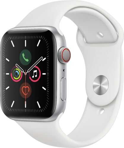 Rent to own Apple Watch Series 5 (GPS + Cellular) 44mm Silver Aluminum Case with White Sport Band - Silver Aluminum