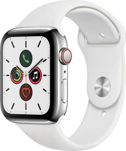 Apple Watch Series 5 (GPS + Cellular) 44mm Stainless Steel Case with White Sport Band - Stainless Steel