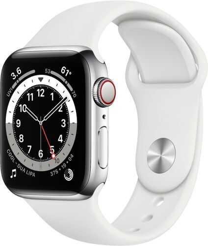 Apple Watch Series 6 (GPS + Cellular) 40mm Silver Stainless Steel Case with White Sport Band - Silver (AT&T)