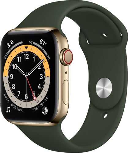 Apple Watch Series 6 (GPS + Cellular) 44mm Gold Stainless Steel Case with Cyprus Green Sport Band - Gold (AT&T)