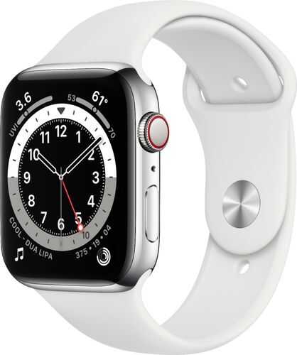 Rent to own Apple Watch Series 6 (GPS + Cellular) 44mm Silver Stainless Steel Case with White Sport Band - Silver (AT&T)
