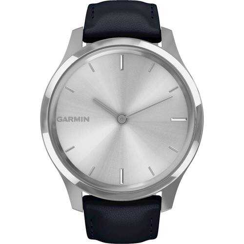 Rent to own Garmin - vívomove Luxe Hybrid Smartwatch 42mm Stainless Steel - Silver With Navy Italian Leather Band
