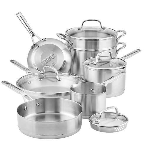 KitchenAid 3-Ply Base Stainless Steel Cookware Set, 11-Piece, Brushed Stainless Steel - Brushed Stainless Steel