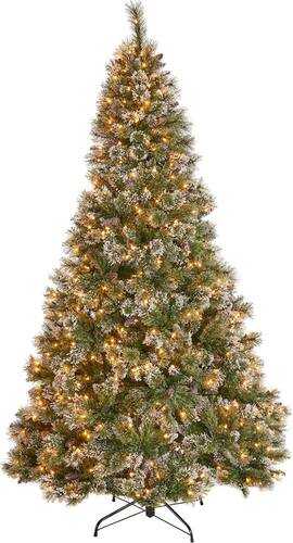 Rent to own Noble House - 7.5' Cashmere Mixed Needles Pre-Lit Hinged Artificial Christmas Tree with Snow & Glitter Branches with Frosted Pinecones - Green + Clear Lights