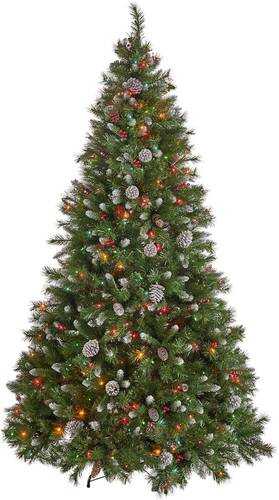 Rent to own Noble House - 7.5' Mixed Spruce Pre-Lit Hinged Artificial Christmas Tree with Frosted Branches, Red Berries, and Frosted Pinecones - Green + Clear Lights