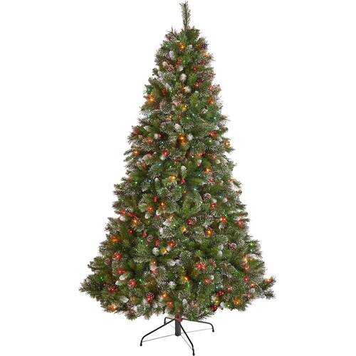 Rent to own Noble House - 7.5' Mixed Spruce Pre-Lit Hinged Artificial Christmas Tree with Glitter Branches, Red Berries and Pine Cones - Green + Multi Lights