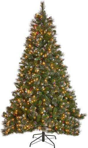 Rent to own Noble House - 7.5' Mixed Spruce Pre-Lit Hinged Artificial Christmas Tree with Glitter Branches, Red Berries, and Pinecones - Green + Clear Lights