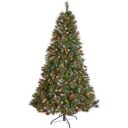 Rent to own Noble House - 7' Mixed Spruce Pre-Lit Hinged Artificial Christmas Tree with Glitter Branches, Red Berries, and Pinecones - Green + Clear Lights