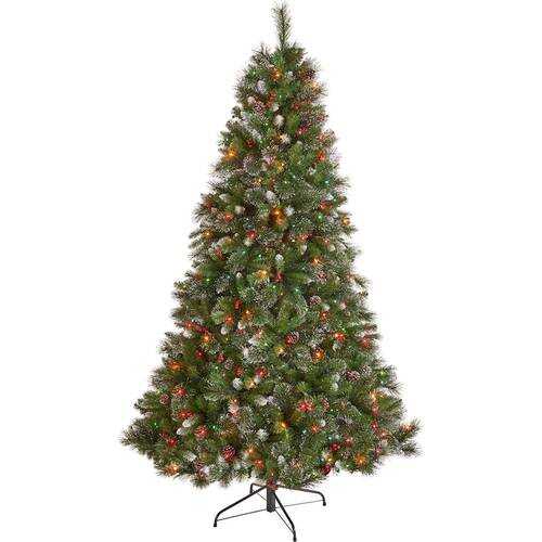 Rent to own Noble House - 9' Mixed Spruce Pre-Lit Hinged Artificial Christmas Tree with Glitter Branches, Red Berries and Pinecones - Green + Multi Lights