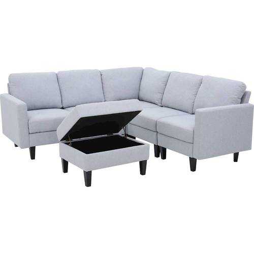 Noble House - Gosport Fabric 6-Piece Sectional Sofa with Storage Ottoman - Light Gray