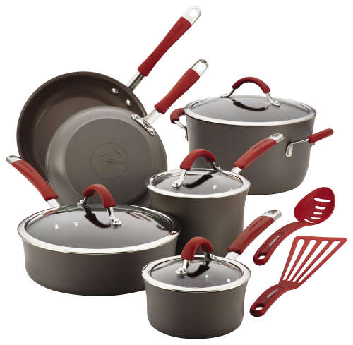 Rachael Ray - Cucina 12-Piece Cookware Set - Gray/Cranberry Red