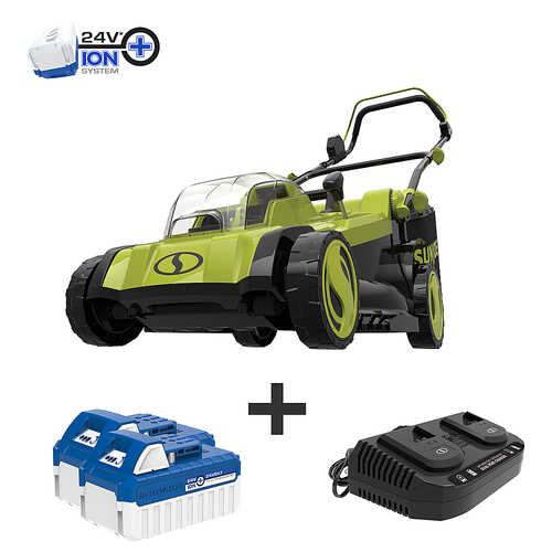 Sun Joe - 24V-X2-17LM 48-Volt iON+ Cordless Lawn Mower Kit 17in 2 x 4.0-Ah Batteries, Dual Port Charger and Collection Bag - Green