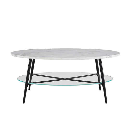 Walker Edison - 42” Modern Oval Faux Marble and Glass Coffee Table - Faux White Marble/Black