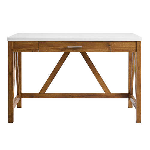 Walker Edison - 46" A Frame Modern Wood Computer Desk with Drawer - Natural Walnut/White Marble