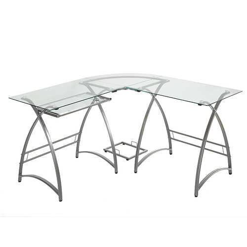 Walker Edison - Computer L-Shaped Modern Tempered Glass Table - Silver/Clear