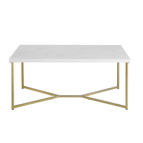 Walker Edison - Luxe Mid Century Modern Y-Leg Coffee Table - White Faux Marble And Gold Finish