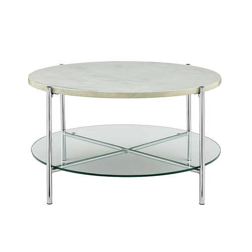Walker Edison - Modern Round Coffee Table - Faux White Marble/Glass/Chrome