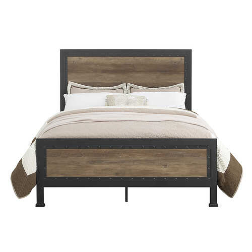 Walker Edison - Rustic Industrial Queen Panel Bed Frame - Rustic Oak